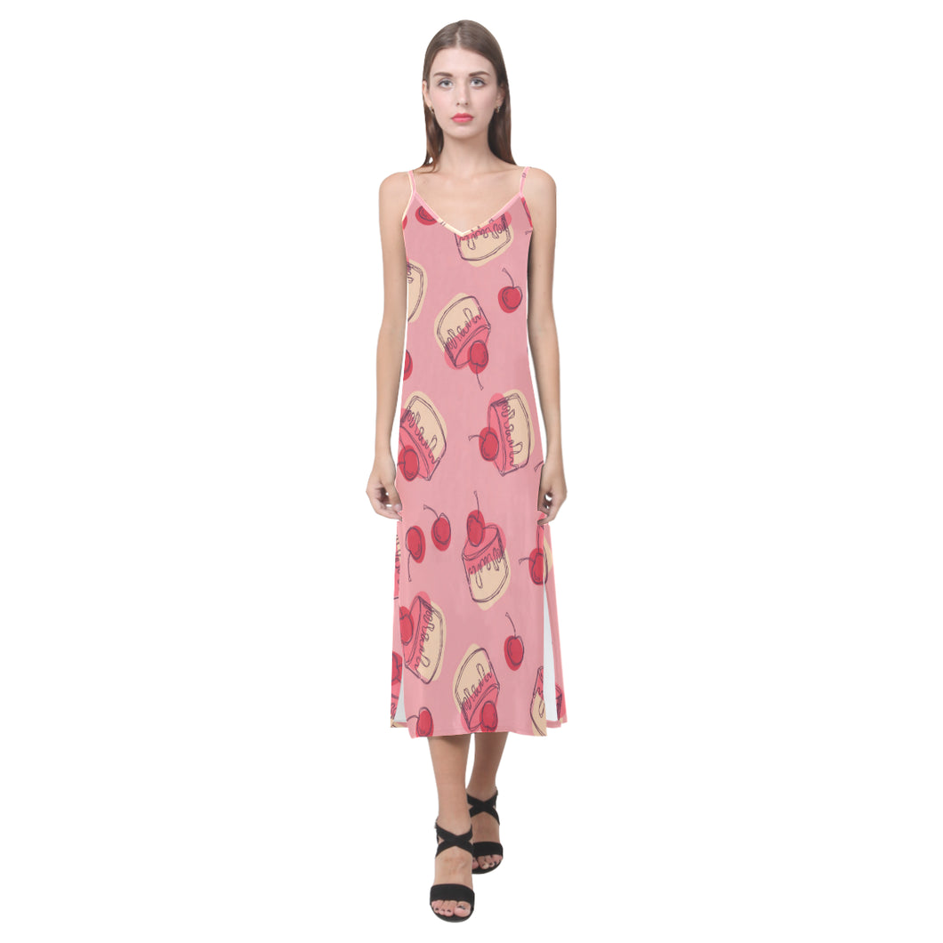 Cake cherry pattern V-Neck Open Fork Long Dress