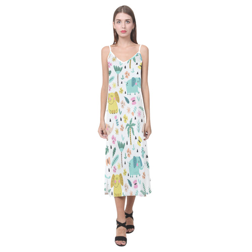 Cute elephants palm tree flower butterfly pattern V-Neck Open Fork Long Dress