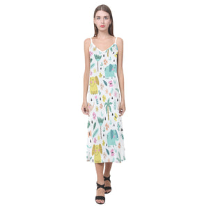 Cute elephants palm tree flower butterfly pattern V-Neck Open Fork Long Dress