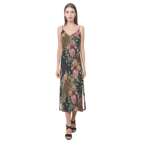 Horse head wild roses pattern V-Neck Open Fork Long Dress