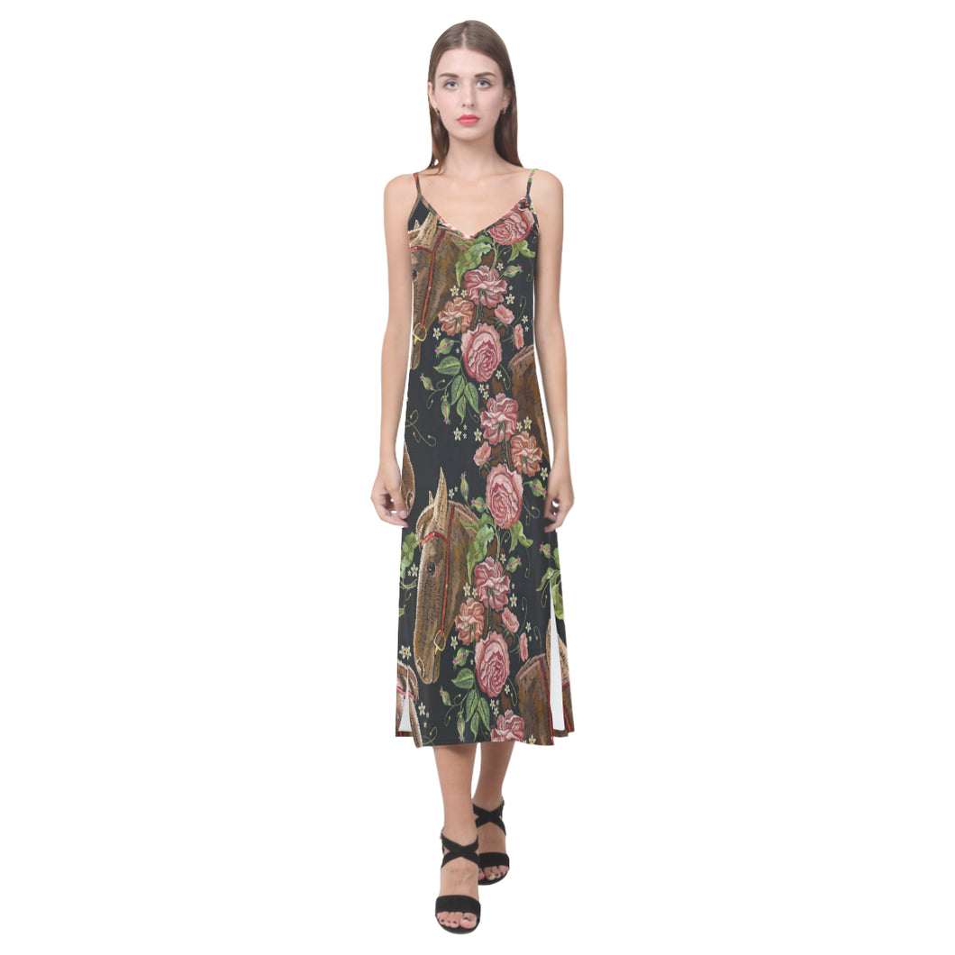 Horse head wild roses pattern V-Neck Open Fork Long Dress
