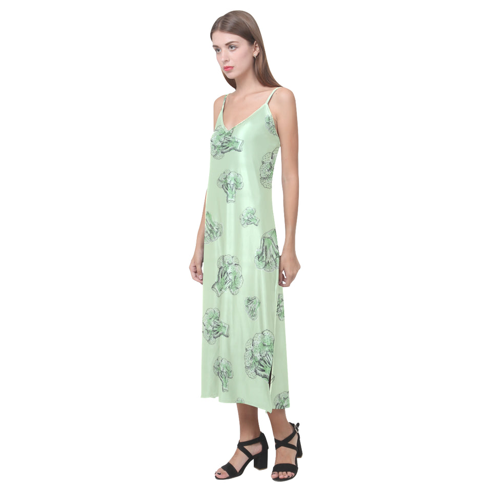 broccoli sketch pattern V-Neck Open Fork Long Dress