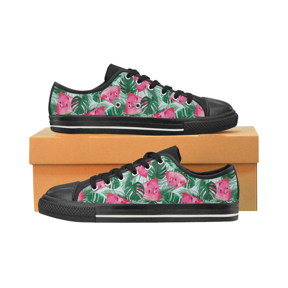 Watermelons tropical palm leaves pattern Women's Low Top Canvas Shoes Black