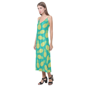 Pineapples pattern green background V-Neck Open Fork Long Dress