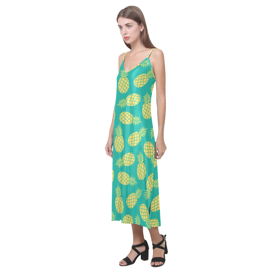Pineapples pattern green background V-Neck Open Fork Long Dress