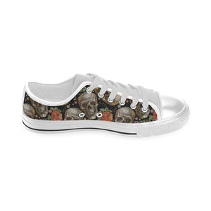 Skull rose humming bird flower pattern Men's Low Top Shoes White