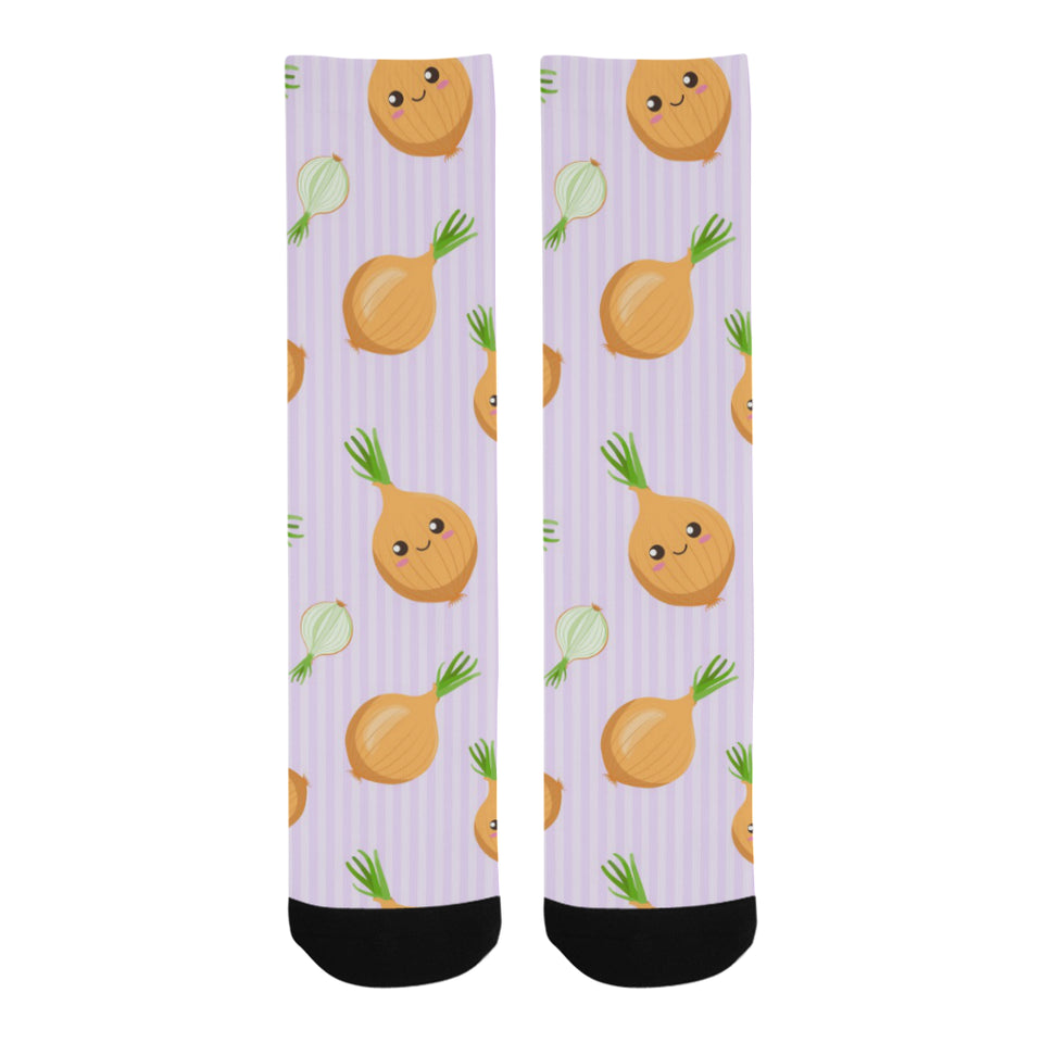 cute onions smiling faces purple background Crew Socks