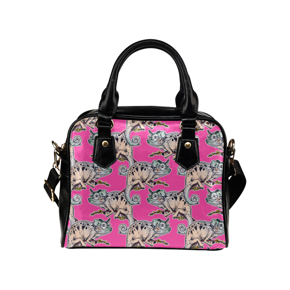 Chameleon lizard pattern pink background Shoulder Handbag