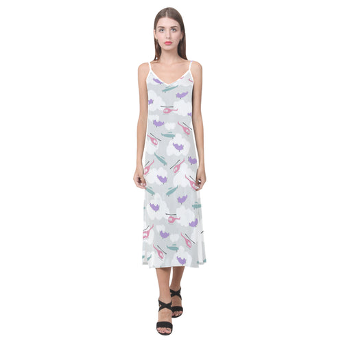 Helicopter plane pattern V-Neck Open Fork Long Dress