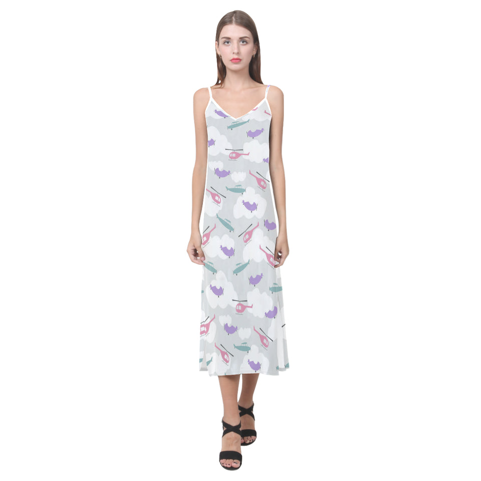 Helicopter plane pattern V-Neck Open Fork Long Dress