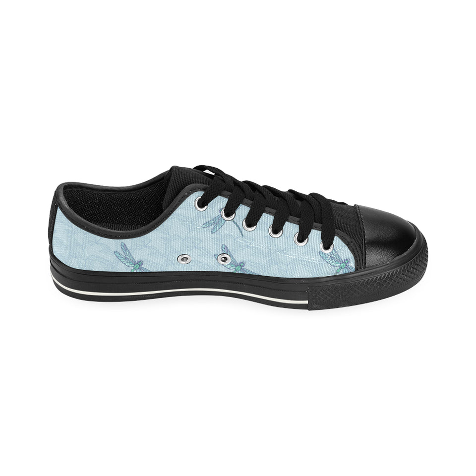 Dragonfly pattern blue background Men's Low Top Canvas Shoes Black