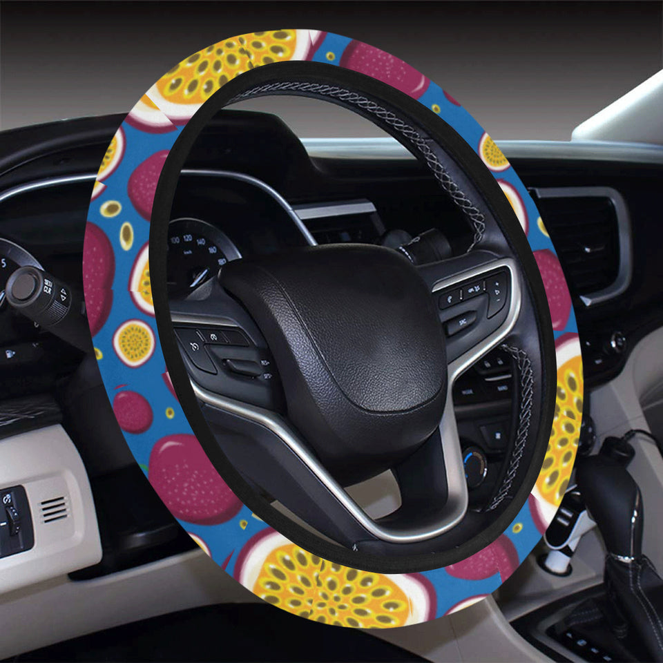 Passion fruit blue background Car Steering Wheel Cover