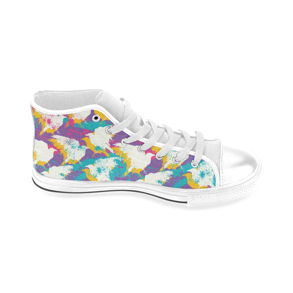 Colorful crow illustration pattern Men's High Top Canvas Shoes White
