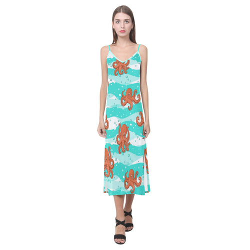 Octopuses sea wave background V-Neck Open Fork Long Dress