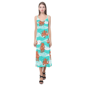 Octopuses sea wave background V-Neck Open Fork Long Dress