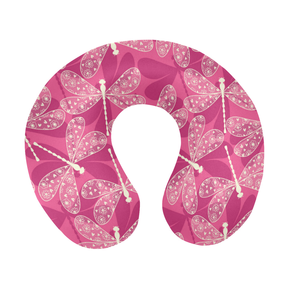 Beautiful dragonfly pink background U-Shaped Travel Neck Pillow
