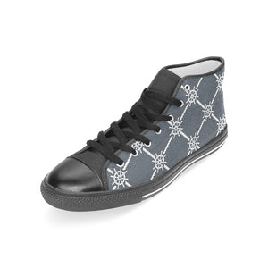 nautical steering wheel rope pattern Women's High Top Canvas Shoes Black