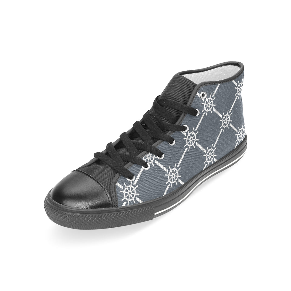 nautical steering wheel rope pattern Women's High Top Canvas Shoes Black