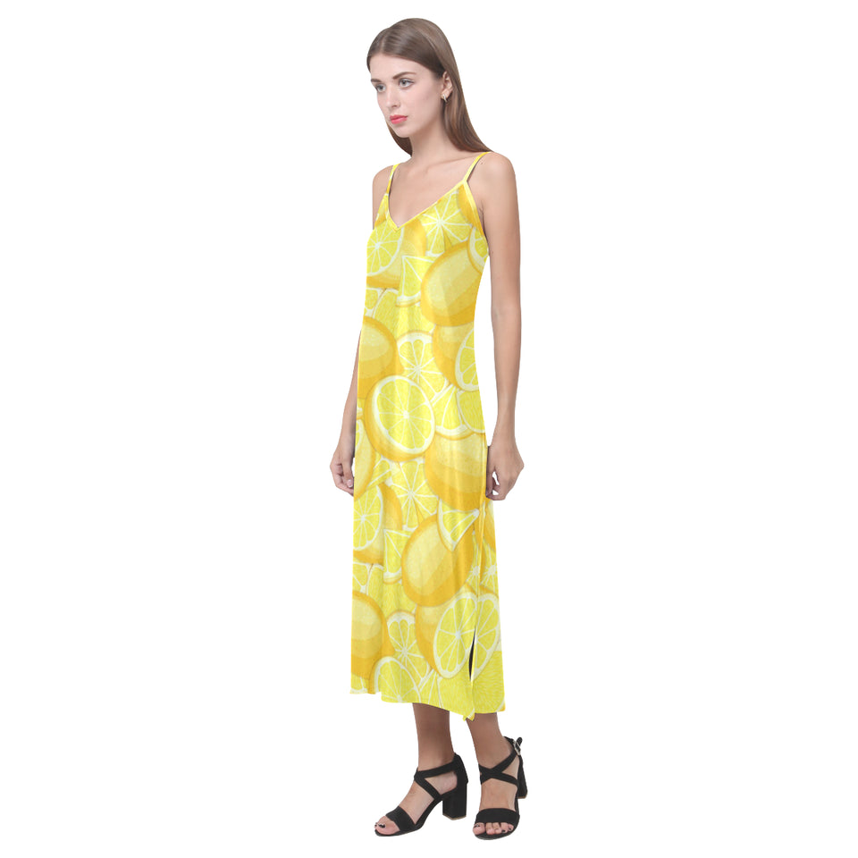 lemon pattern V-Neck Open Fork Long Dress