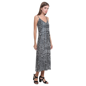 Handwritten cheese pattern V-Neck Open Fork Long Dress