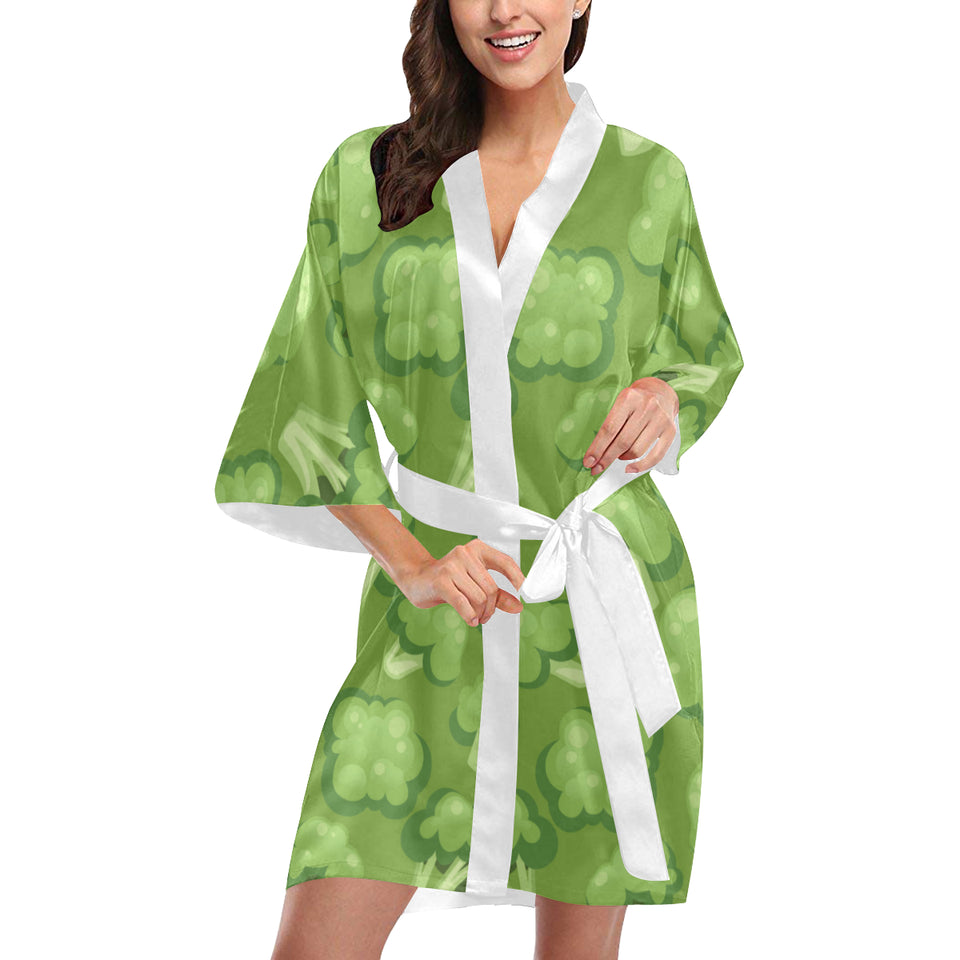 Broccoli pattern green background Women's Short Kimono Robe
