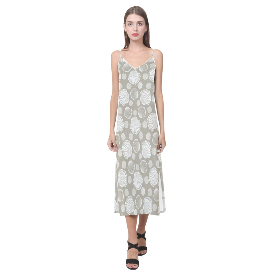 Scallop shell pattern V-Neck Open Fork Long Dress