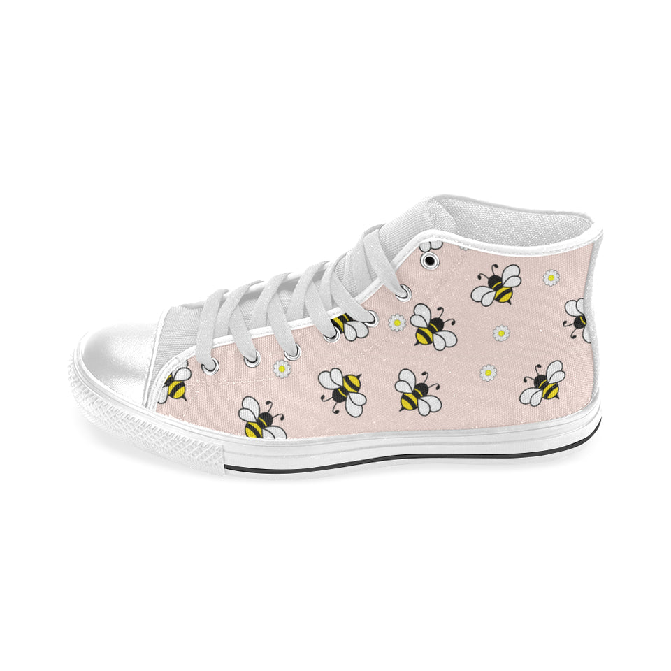 Cute bee flower pattern pink background Men's High Top Canvas Shoes White