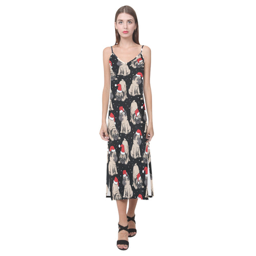 Christmas Pugs Santa_s red cap pattern V-Neck Open Fork Long Dress