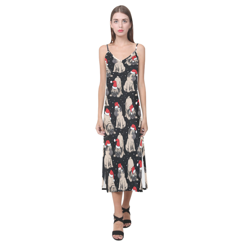 Christmas Pugs Santa_s red cap pattern V-Neck Open Fork Long Dress