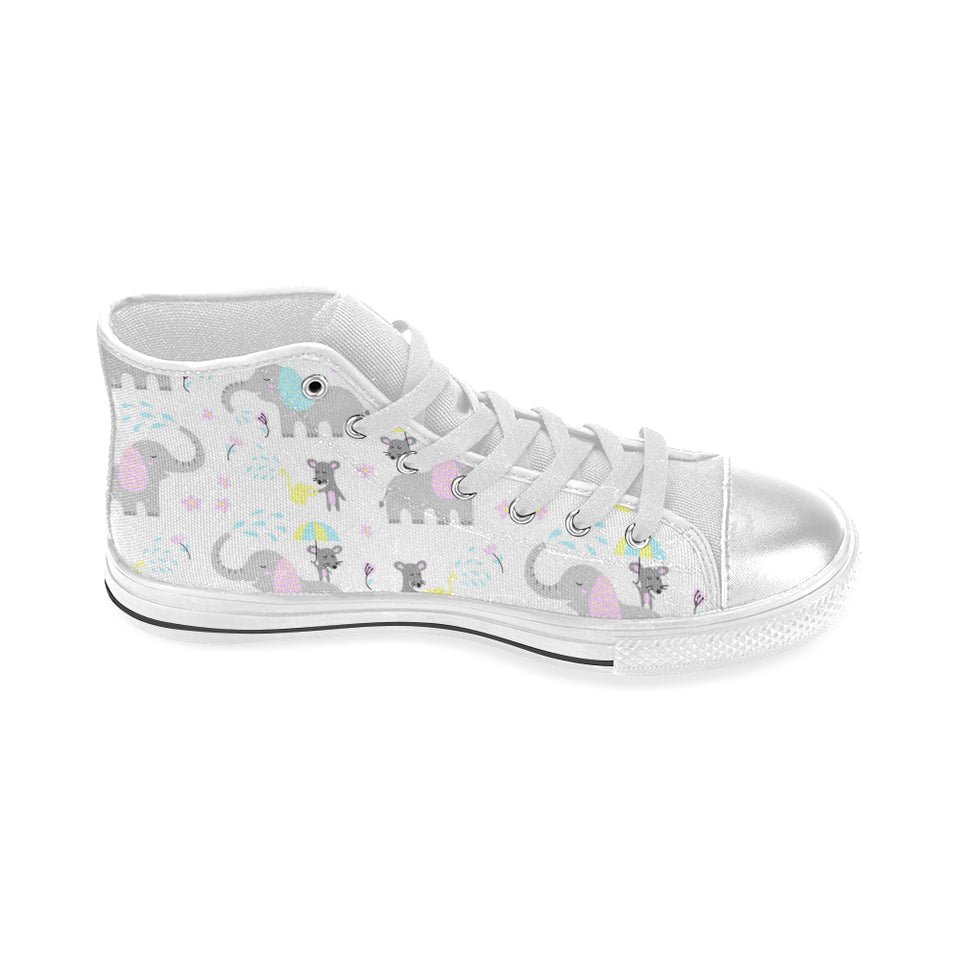 Cute elephant mouse pattern Women's High Top Canvas Shoes White