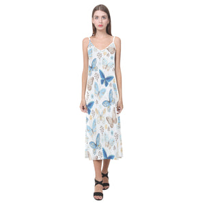 blue butterfly pattern V-Neck Open Fork Long Dress