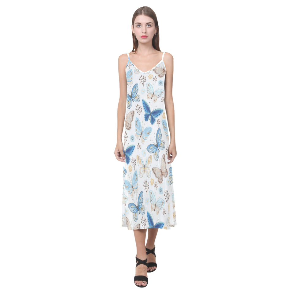 blue butterfly pattern V-Neck Open Fork Long Dress