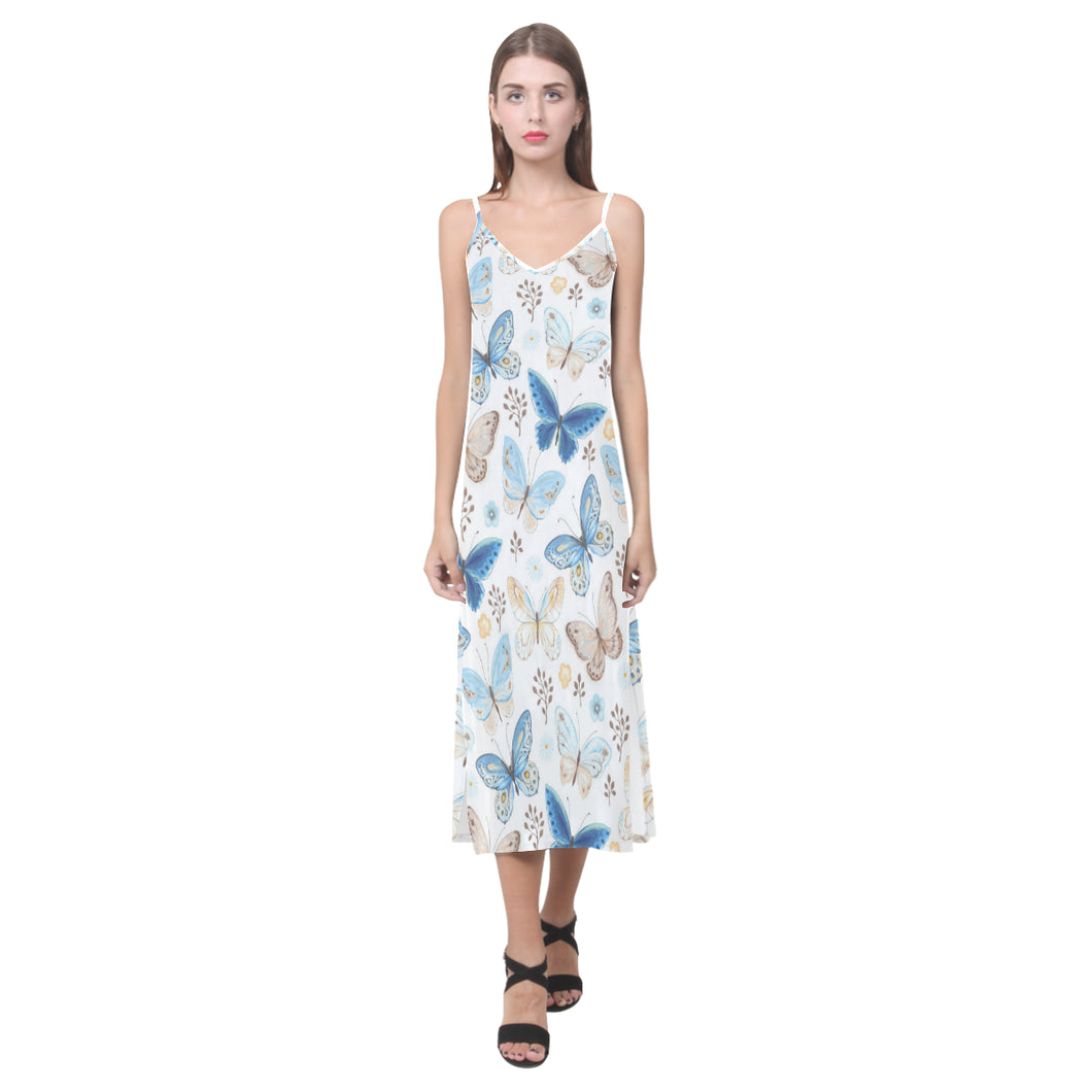 blue butterfly pattern V-Neck Open Fork Long Dress