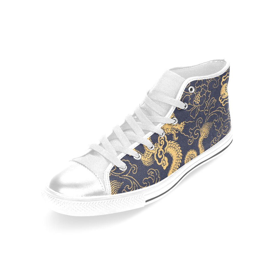 Gold dragon pattern Women's High Top Canvas Shoes White