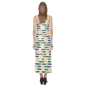Pineapples pattern striped background V-Neck Open Fork Long Dress