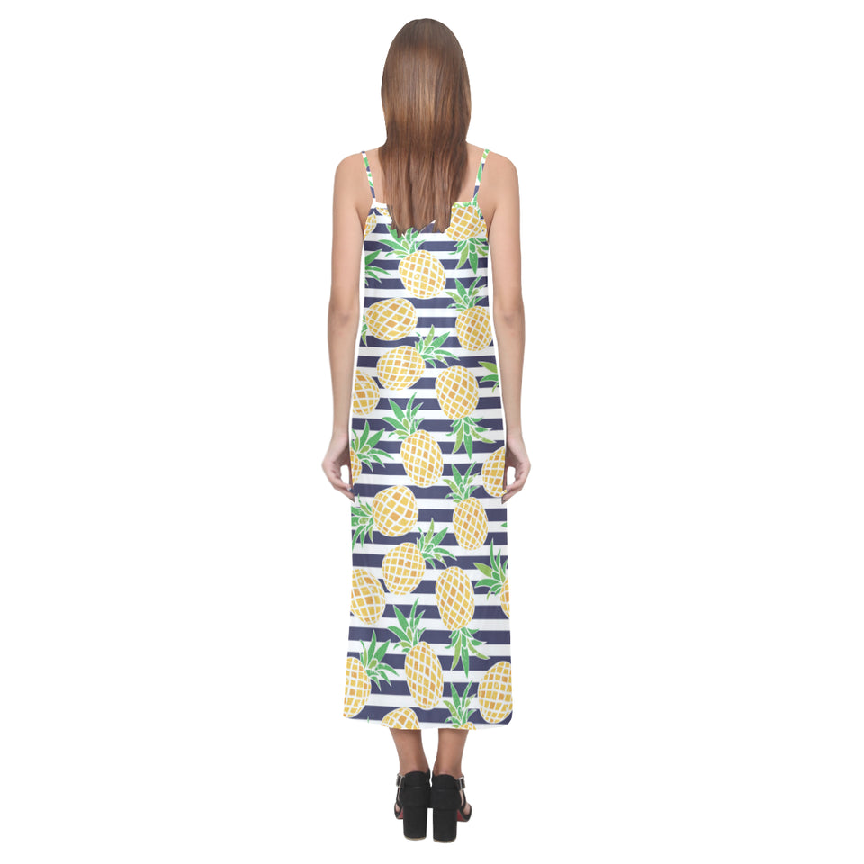 Pineapples pattern striped background V-Neck Open Fork Long Dress