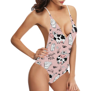 Cows milk product pink background Women's One-Piece Swimsuit