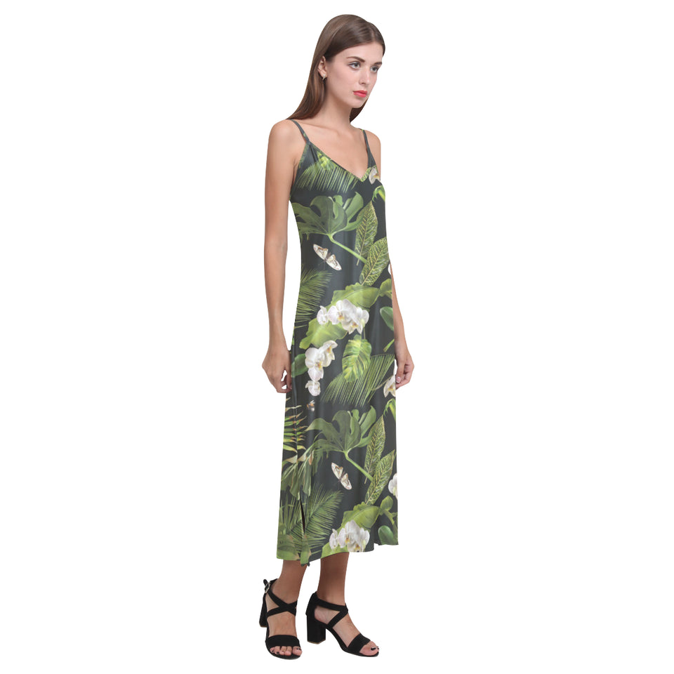 White orchid flower tropical leaves pattern blackg V-Neck Open Fork Long Dress