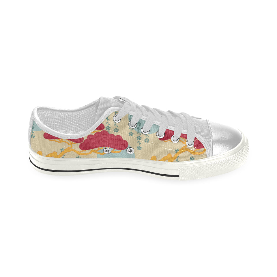 Red Bonsai gray sun japanese pattern Women's Low Top Canvas Shoes White