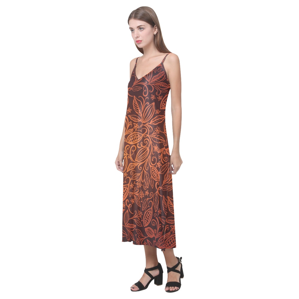 cacao beans tribal polynesian pattern V-Neck Open Fork Long Dress