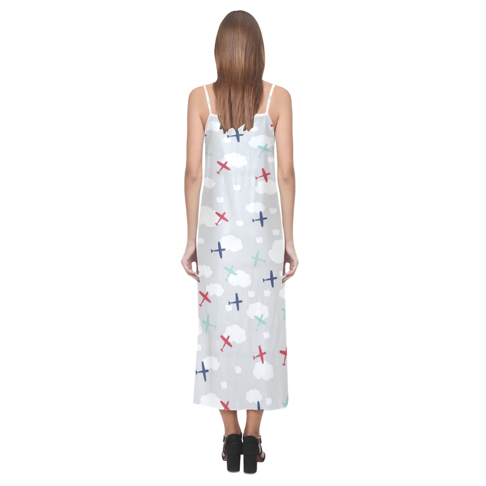 Airplane cloud grey background V-Neck Open Fork Long Dress