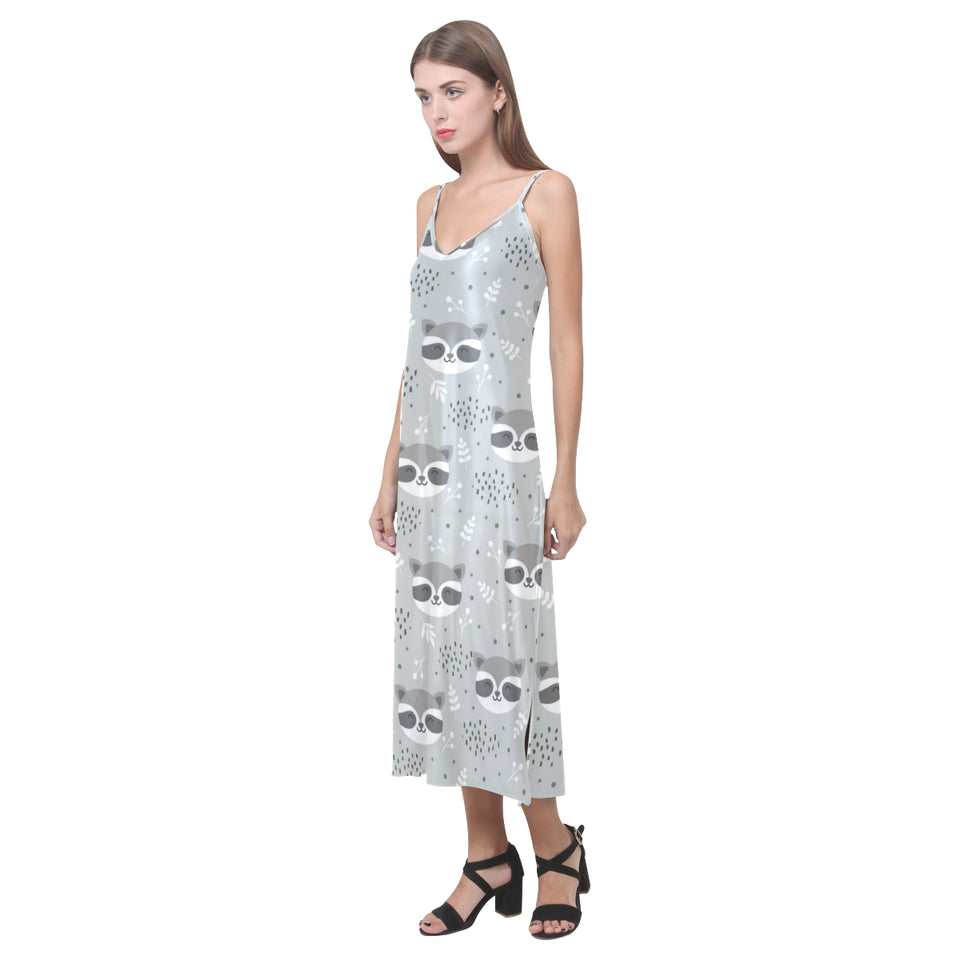 Cute raccoons leaves dot V-Neck Open Fork Long Dress
