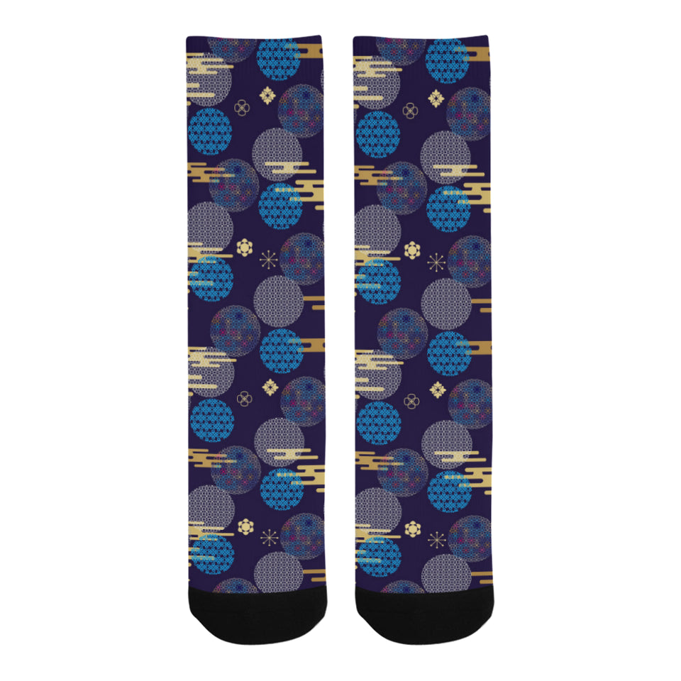 Blue japanese pattern cloud wave flower Crew Socks