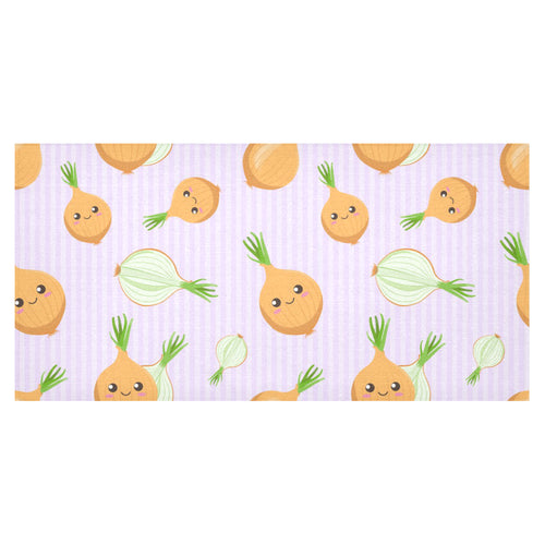 cute onions smiling faces purple background Tablecloth
