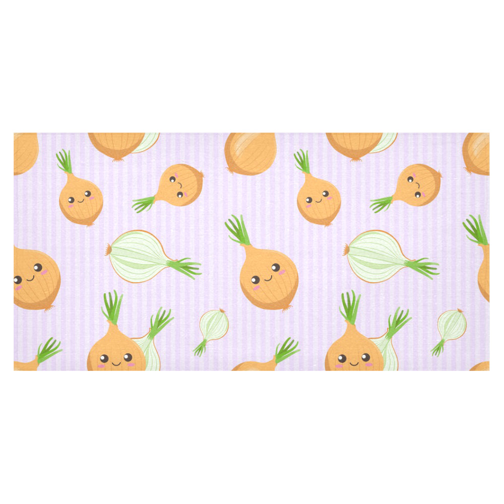 cute onions smiling faces purple background Tablecloth