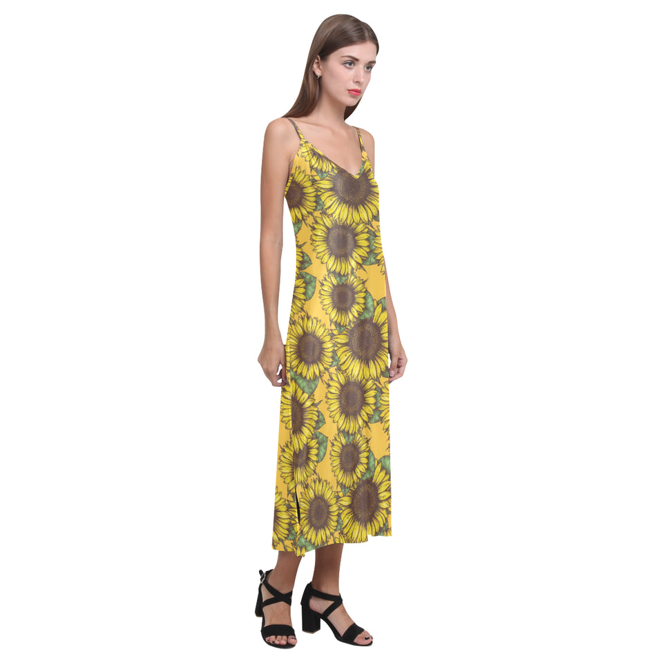 Sunflower pattern V-Neck Open Fork Long Dress