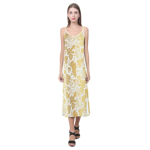 Gold grape pattern V-Neck Open Fork Long Dress