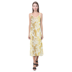 Gold grape pattern V-Neck Open Fork Long Dress