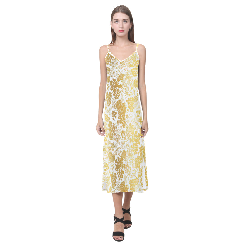 Gold grape pattern V-Neck Open Fork Long Dress