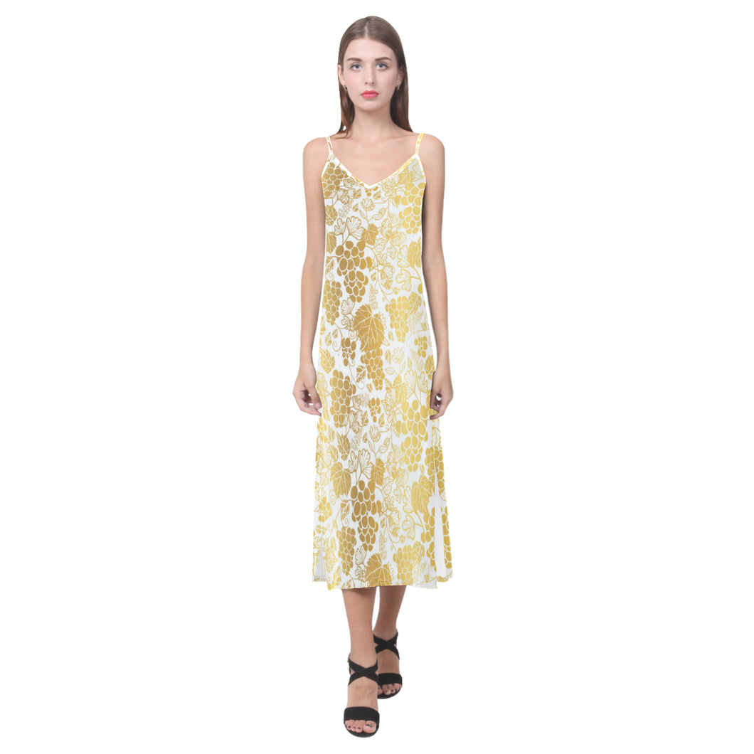 Gold grape pattern V-Neck Open Fork Long Dress